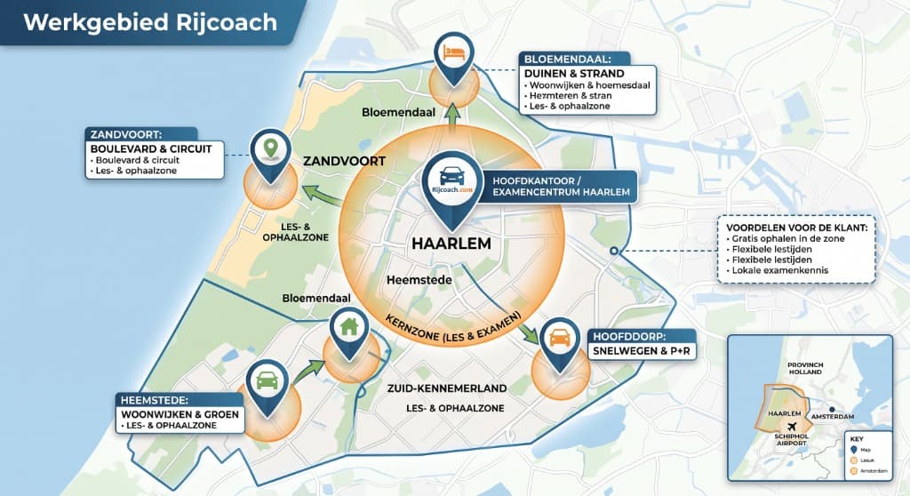 Werkgebied en ophaalzones van Rijschool Rijcoach in Haarlem, Heemstede, Hoofddorp, Bloemendaal en Zandvoort